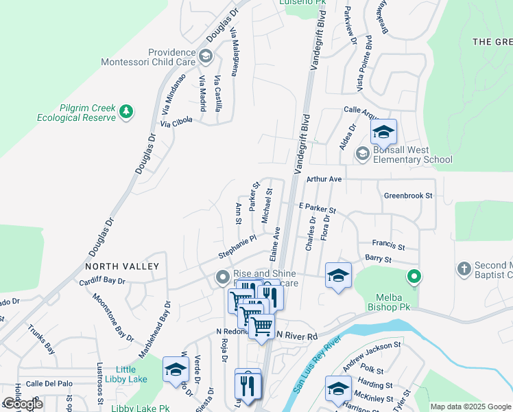 map of restaurants, bars, coffee shops, grocery stores, and more near 640 Parker Street in Oceanside