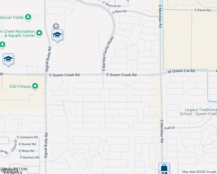 map of restaurants, bars, coffee shops, grocery stores, and more near 22643-23199 East Queen Creek Road in Queen Creek