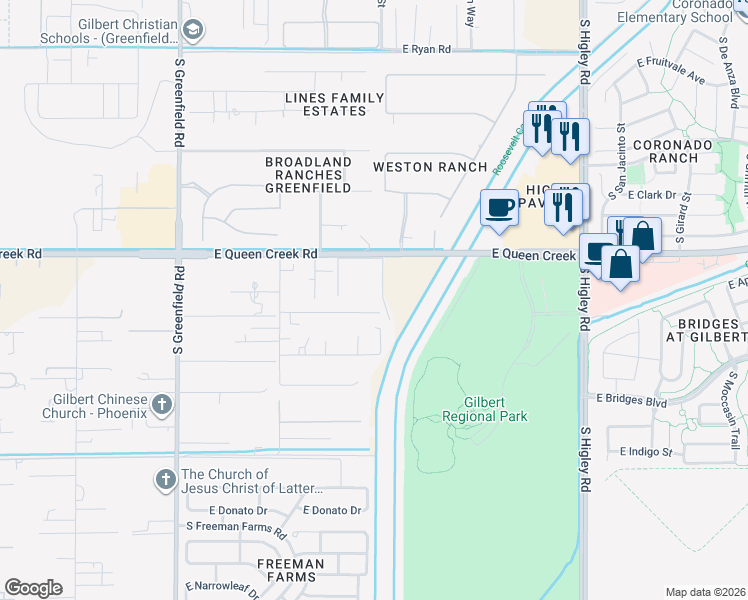 map of restaurants, bars, coffee shops, grocery stores, and more near 2779 East Walnut Road in Gilbert