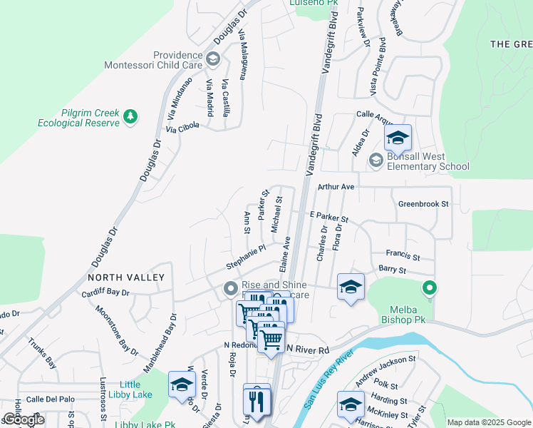 map of restaurants, bars, coffee shops, grocery stores, and more near 633 Michael Street in Oceanside