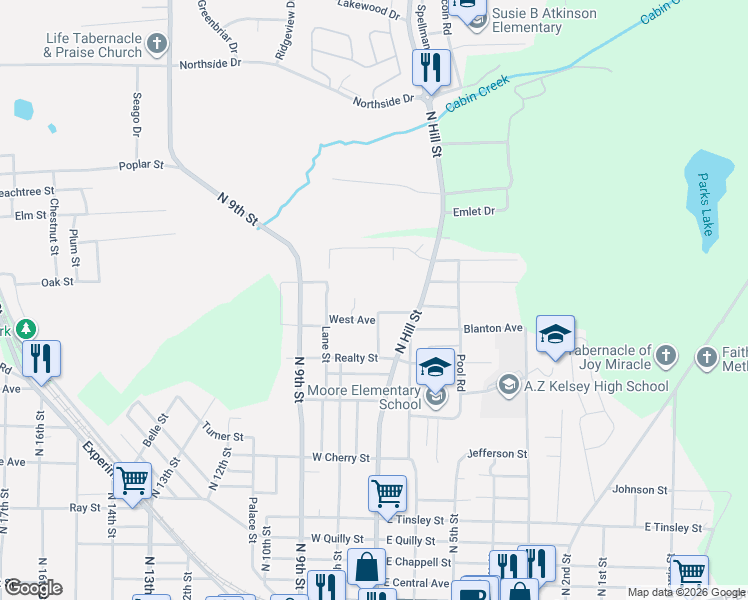 map of restaurants, bars, coffee shops, grocery stores, and more near 123 West Avenue in Griffin