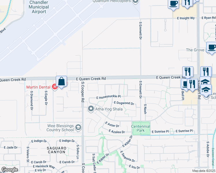 map of restaurants, bars, coffee shops, grocery stores, and more near 3102 South Cottonwood Court in Chandler