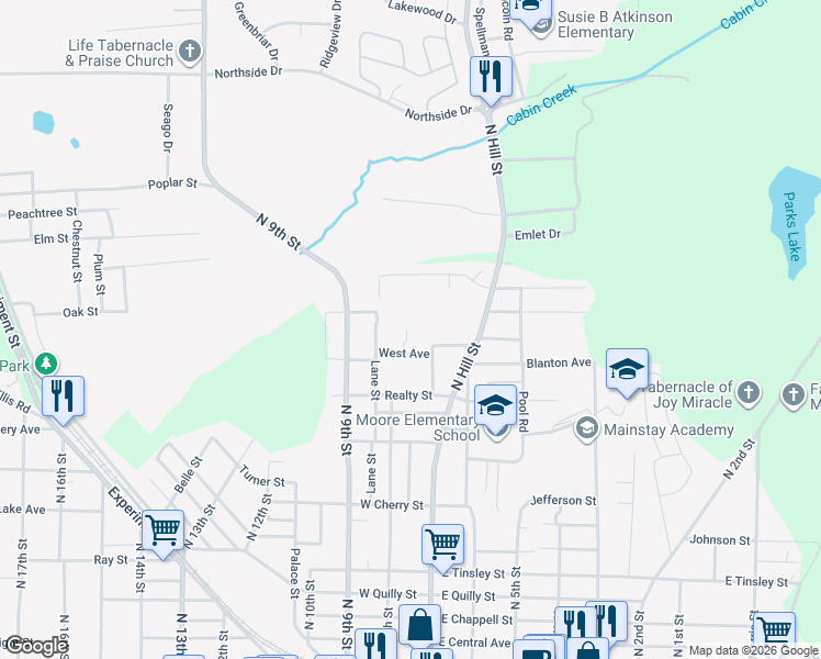 map of restaurants, bars, coffee shops, grocery stores, and more near 123 West Avenue in Griffin