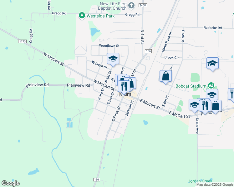 map of restaurants, bars, coffee shops, grocery stores, and more near 110 South 1st Street in Krum