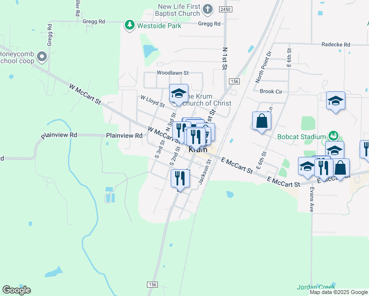 map of restaurants, bars, coffee shops, grocery stores, and more near 233 East McCart Street in Krum