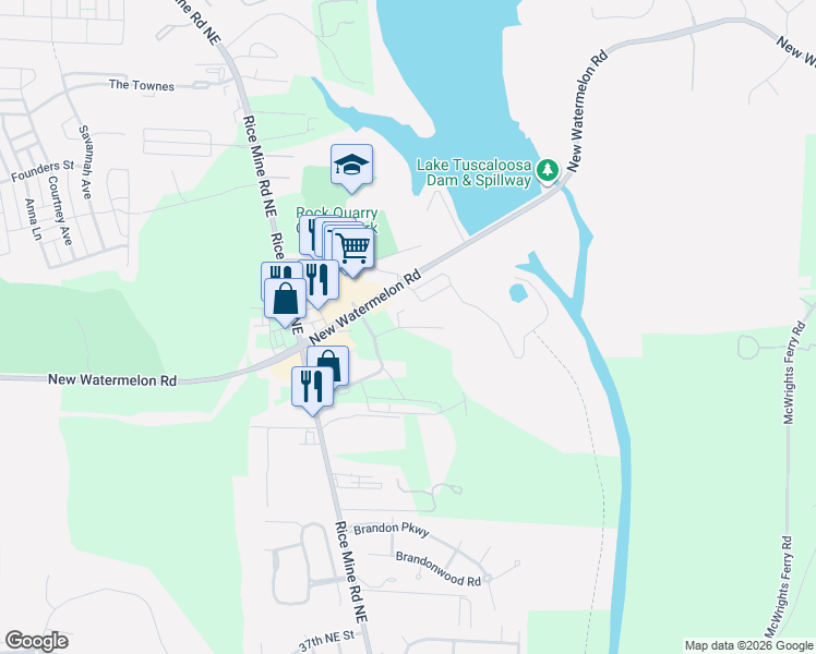 map of restaurants, bars, coffee shops, grocery stores, and more near Commons North Drive in Tuscaloosa
