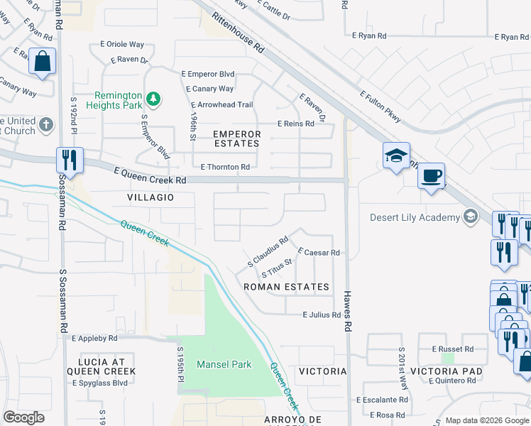 map of restaurants, bars, coffee shops, grocery stores, and more near 19777 East Strawberry Court in Queen Creek