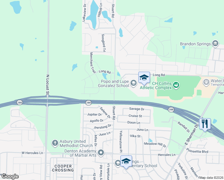 map of restaurants, bars, coffee shops, grocery stores, and more near 4508 Conley Lane in Denton