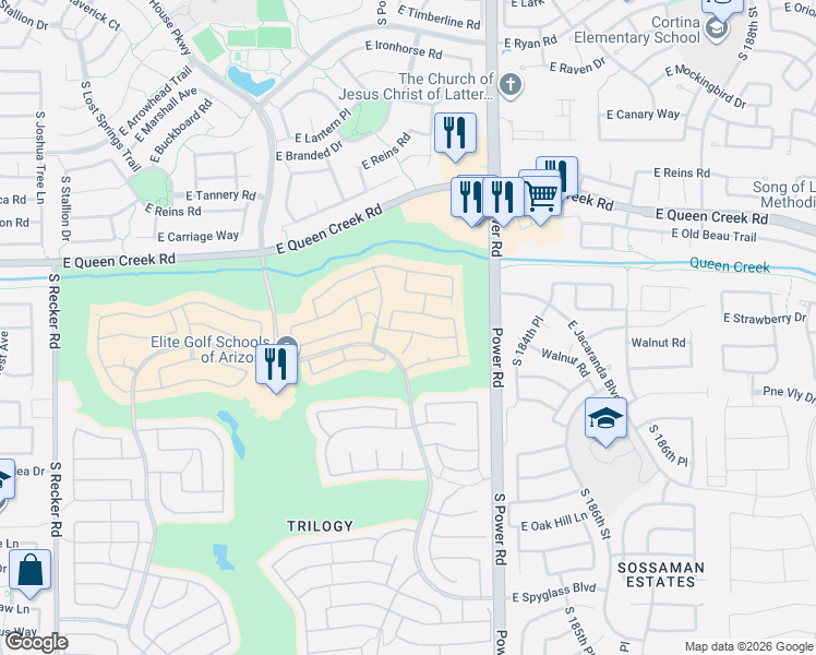 map of restaurants, bars, coffee shops, grocery stores, and more near 5036 South Citrus Court in Gilbert