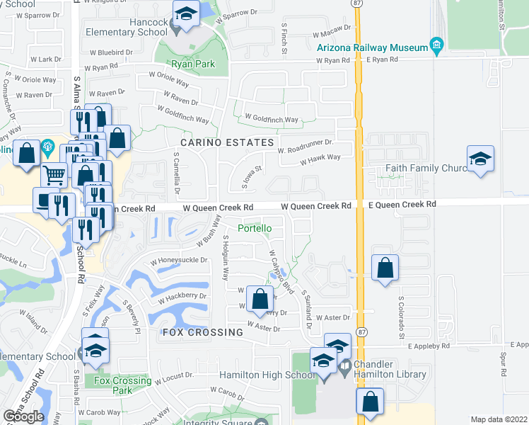 map of restaurants, bars, coffee shops, grocery stores, and more near 320 West Wisteria Place in Chandler