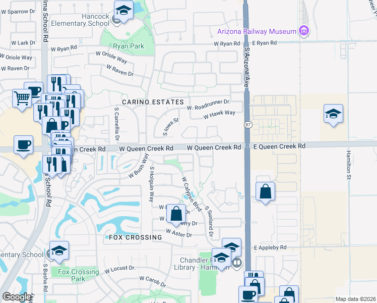 map of restaurants, bars, coffee shops, grocery stores, and more near 270 West Wisteria Place in Chandler