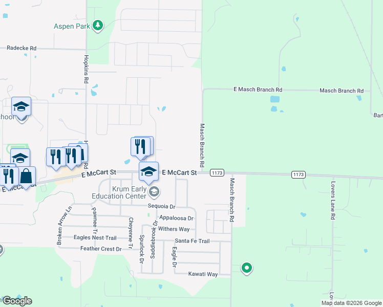 map of restaurants, bars, coffee shops, grocery stores, and more near 5301 Masch Branch Road in Krum