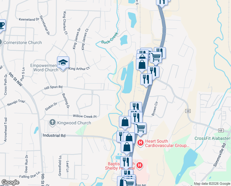 map of restaurants, bars, coffee shops, grocery stores, and more near 200 Willow Point Circle in Alabaster