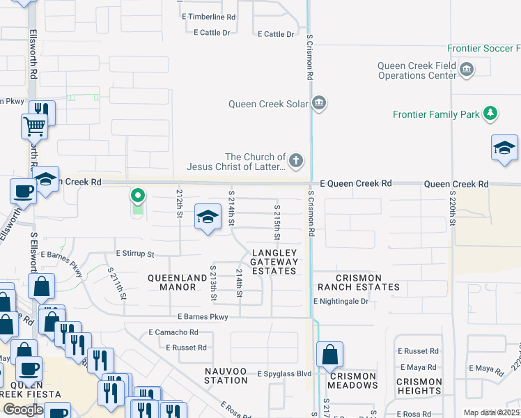 map of restaurants, bars, coffee shops, grocery stores, and more near 21436 East Lords Way in Queen Creek