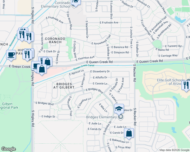 map of restaurants, bars, coffee shops, grocery stores, and more near 3712 East Strawberry Drive in Gilbert