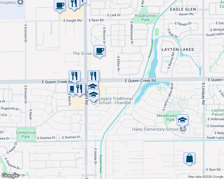 map of restaurants, bars, coffee shops, grocery stores, and more near 3220 East Wisteria Place in Chandler
