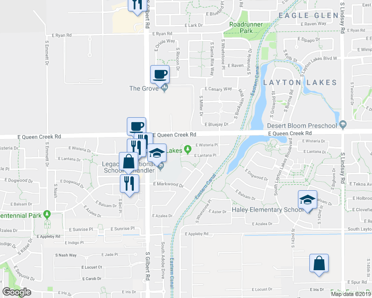 map of restaurants, bars, coffee shops, grocery stores, and more near 3220 East Wisteria Place in Chandler