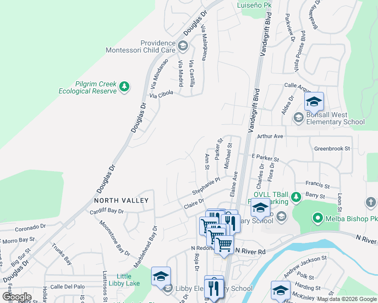 map of restaurants, bars, coffee shops, grocery stores, and more near 4928 Concho Place in Oceanside