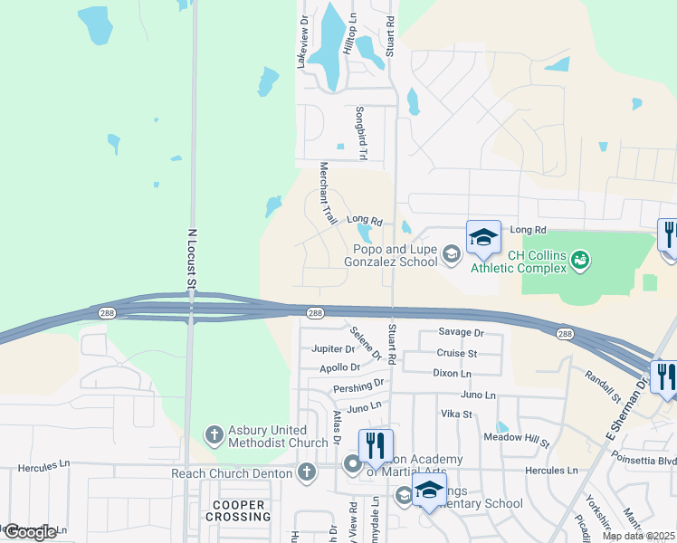 map of restaurants, bars, coffee shops, grocery stores, and more near 1012 Summer Stream Road in Denton