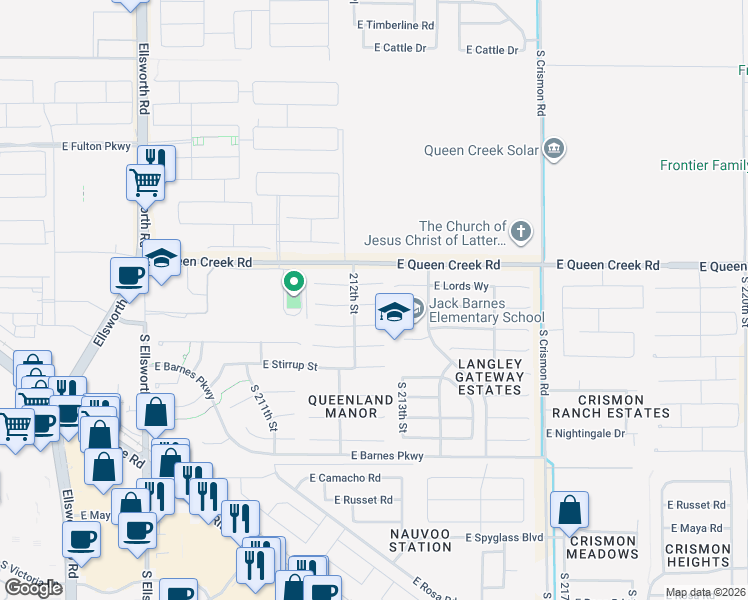 map of restaurants, bars, coffee shops, grocery stores, and more near 21274 East Roundup Way in Queen Creek