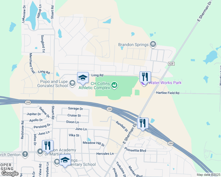 map of restaurants, bars, coffee shops, grocery stores, and more near 1504 Long Road in Denton