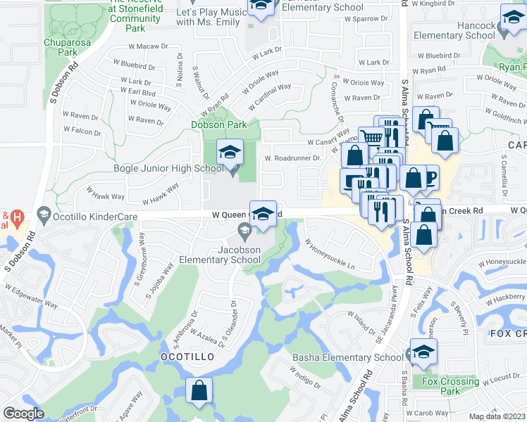 map of restaurants, bars, coffee shops, grocery stores, and more near West Queen Creek Road in Chandler