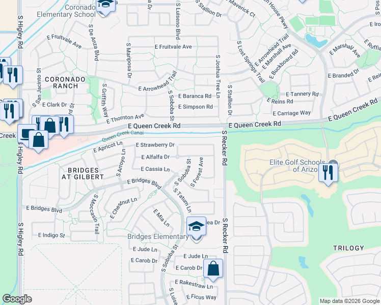 map of restaurants, bars, coffee shops, grocery stores, and more near 3856 East Strawberry Drive in Gilbert