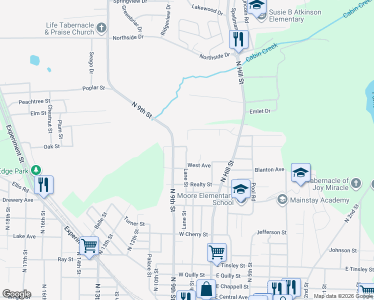 map of restaurants, bars, coffee shops, grocery stores, and more near 844 Lane Street in Griffin