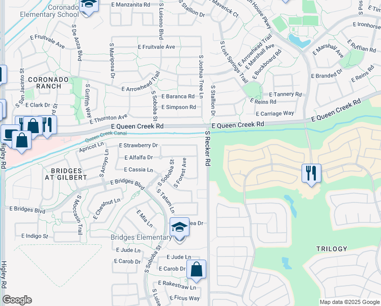 map of restaurants, bars, coffee shops, grocery stores, and more near 3923 East Strawberry Drive in Gilbert
