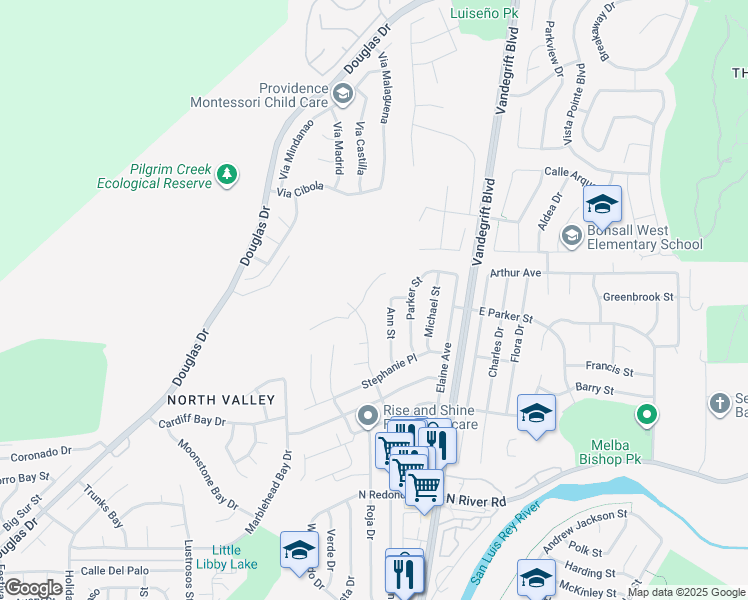 map of restaurants, bars, coffee shops, grocery stores, and more near 4923 Concho Place in Oceanside