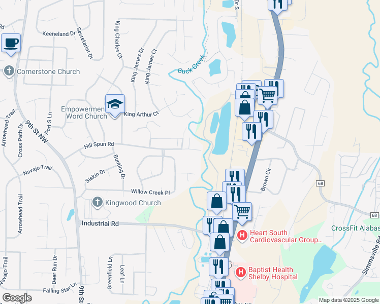 map of restaurants, bars, coffee shops, grocery stores, and more near 108 Willow Point Lane in Alabaster