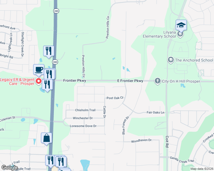 map of restaurants, bars, coffee shops, grocery stores, and more near 1501 Highland Meadows Court in Prosper