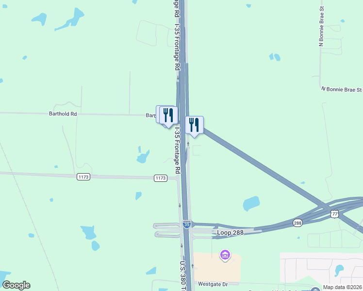 map of restaurants, bars, coffee shops, grocery stores, and more near Interstate 35 in Denton