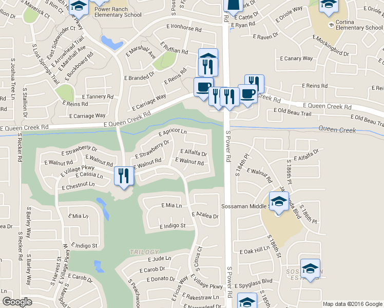 map of restaurants, bars, coffee shops, grocery stores, and more near 4665 East Strawberry Drive in Gilbert