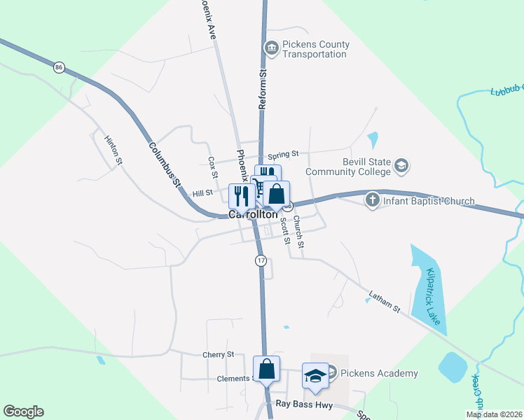 map of restaurants, bars, coffee shops, grocery stores, and more near 65 Tuscaloosa Street in Carrollton