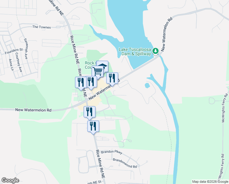 map of restaurants, bars, coffee shops, grocery stores, and more near 1810 Commons North Drive in Tuscaloosa