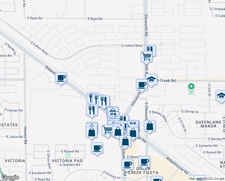 map of restaurants, bars, coffee shops, grocery stores, and more near South Ellsworth Loop in Queen Creek