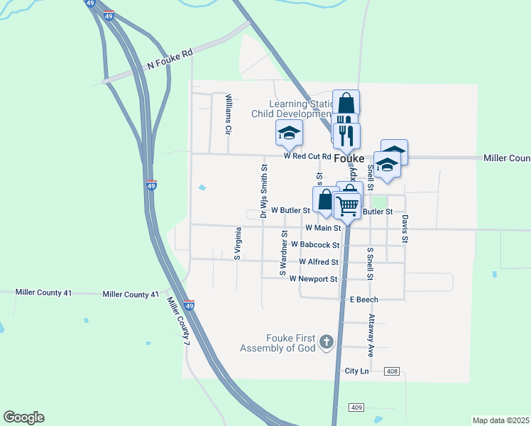 map of restaurants, bars, coffee shops, grocery stores, and more near 409 West Butler Street in Fouke
