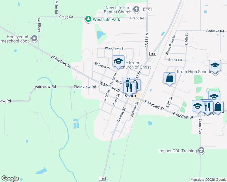map of restaurants, bars, coffee shops, grocery stores, and more near 325 West McCart Street in Krum