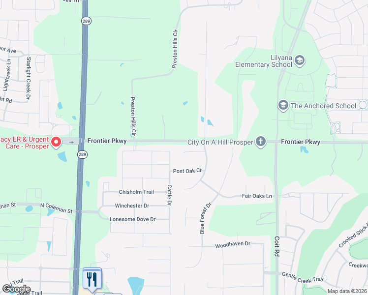 map of restaurants, bars, coffee shops, grocery stores, and more near 1501 Highland Meadows Court in Prosper