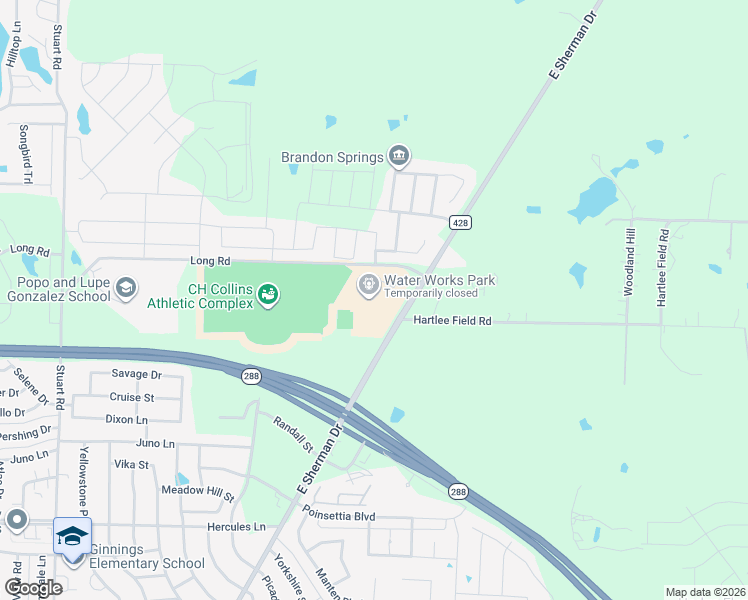 map of restaurants, bars, coffee shops, grocery stores, and more near 2400 Long Road in Denton
