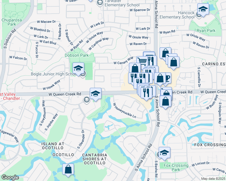 map of restaurants, bars, coffee shops, grocery stores, and more near 1361 West Bluejay Drive in Chandler