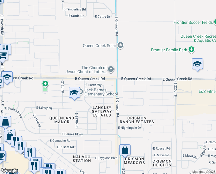 map of restaurants, bars, coffee shops, grocery stores, and more near 21502 East Lords Court in Queen Creek