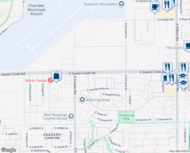 map of restaurants, bars, coffee shops, grocery stores, and more near 1934 East Wisteria Drive in Chandler