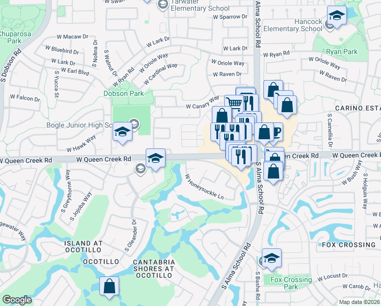 map of restaurants, bars, coffee shops, grocery stores, and more near 1361 West Bluejay Drive in Chandler