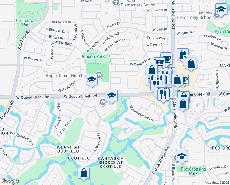 map of restaurants, bars, coffee shops, grocery stores, and more near 1472 West Bluejay Drive in Chandler