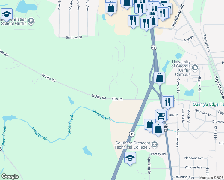map of restaurants, bars, coffee shops, grocery stores, and more near 108 Shandon Lane in Griffin