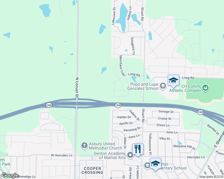 map of restaurants, bars, coffee shops, grocery stores, and more near 4617 Shy Creek Lane in Denton