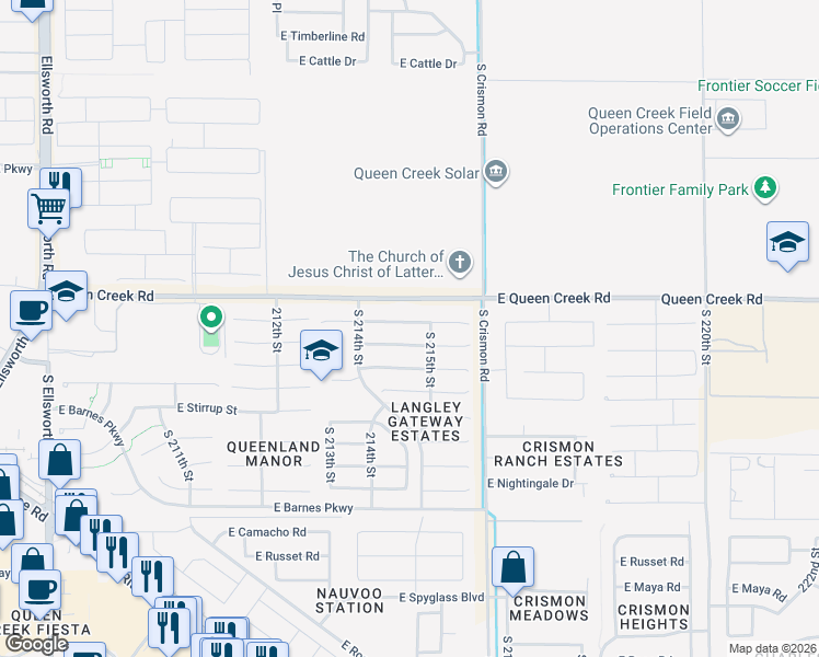 map of restaurants, bars, coffee shops, grocery stores, and more near 21436 East Lords Way in Queen Creek