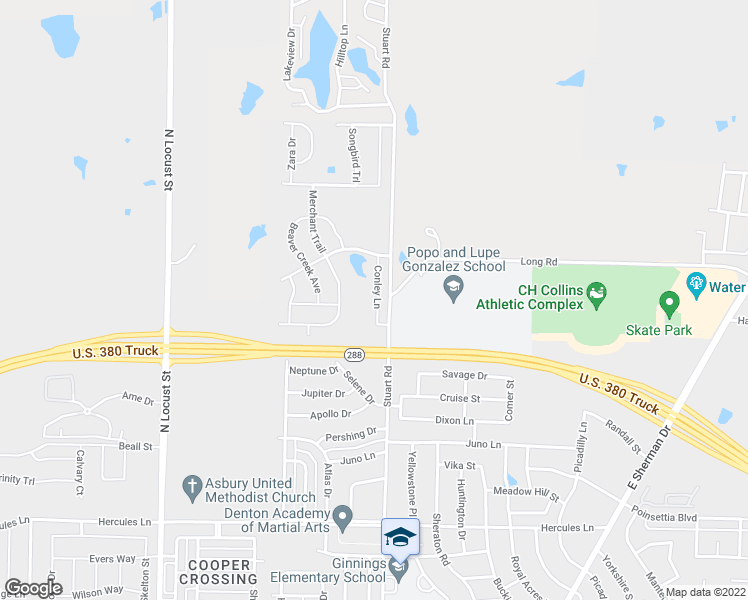 map of restaurants, bars, coffee shops, grocery stores, and more near 4521 Conley Lane in Denton